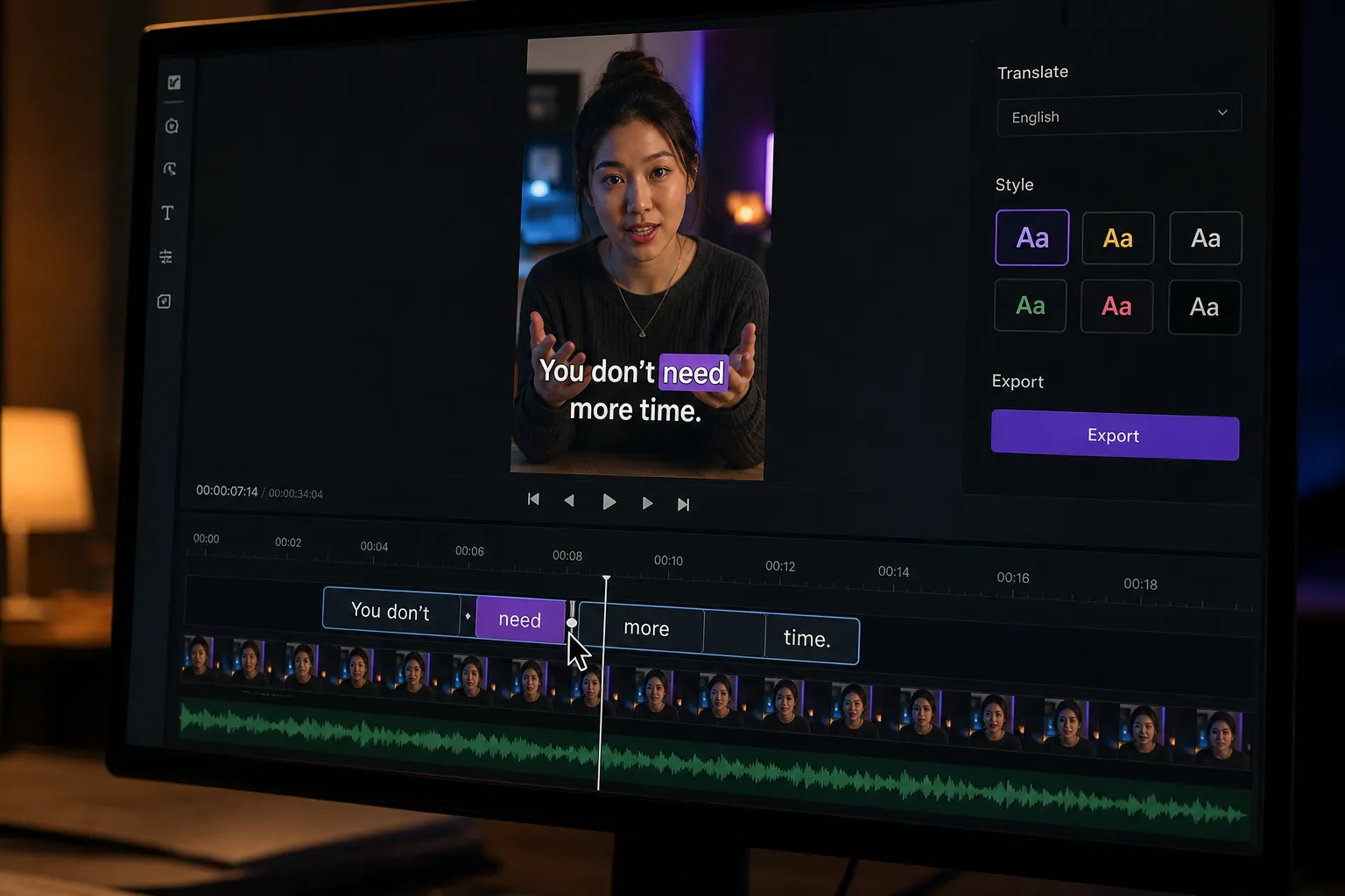 Translate subtitles online the right way. Auto-transcribe, translate, time, style, and burn captions for TikTok and YouTube, with fast checks that prevent errors.